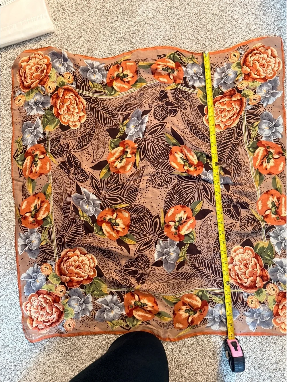 Oscar de la Renta Floral Silk Scarf with Orange and Gray Flowers